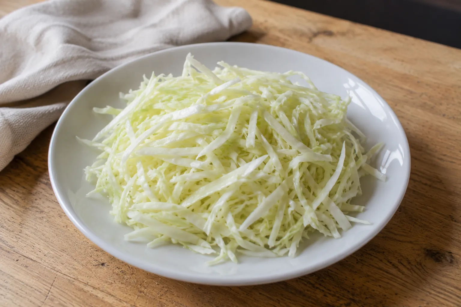 Julienne de chou blanc finement ciselée, brillante de jus frais, servie dans une assiette blanche simple sur bois clair.