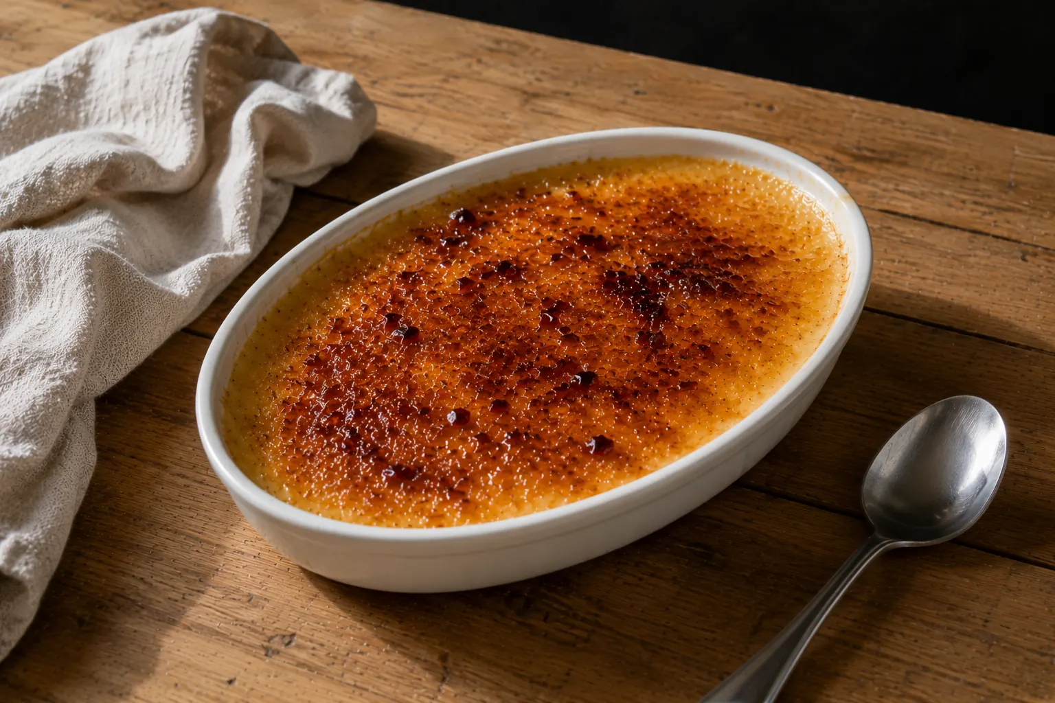 Un bol de crema catalana avec sa croûte de caramel dorée et croustillante, posé sur un plan de travail en bois clair.