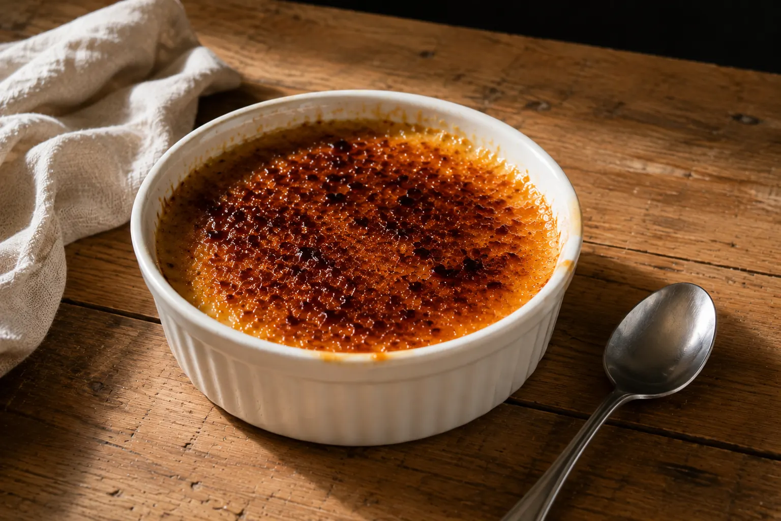 Une crème brûlée au caramel croustillant posée sur un plan de travail en bois, avec une cuillère en métal à côté.