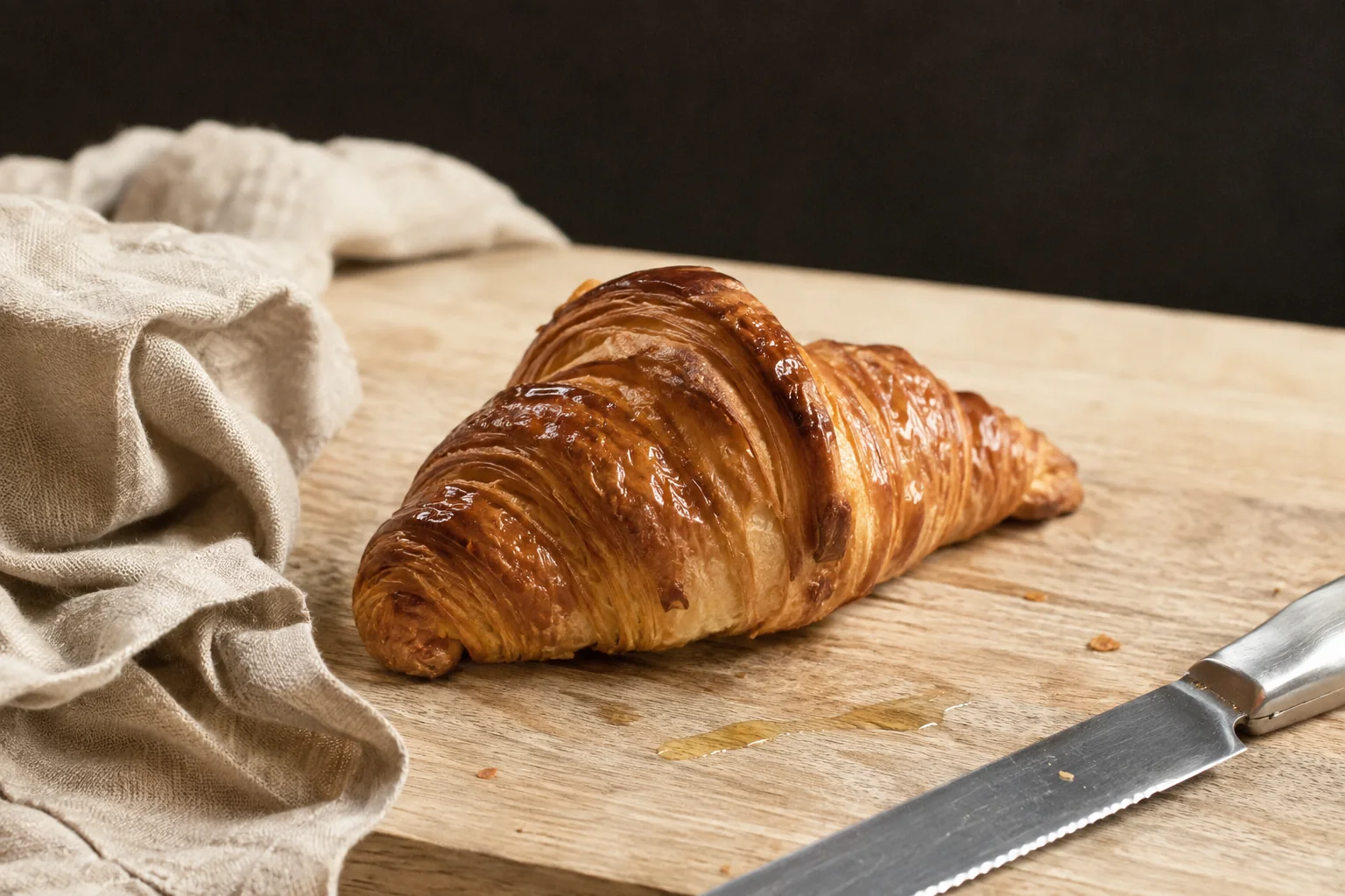 Un croissant doré et feuilleté posé sur un plan de travail en bois clair, avec un couteau à côté et un torchon en lin écru.