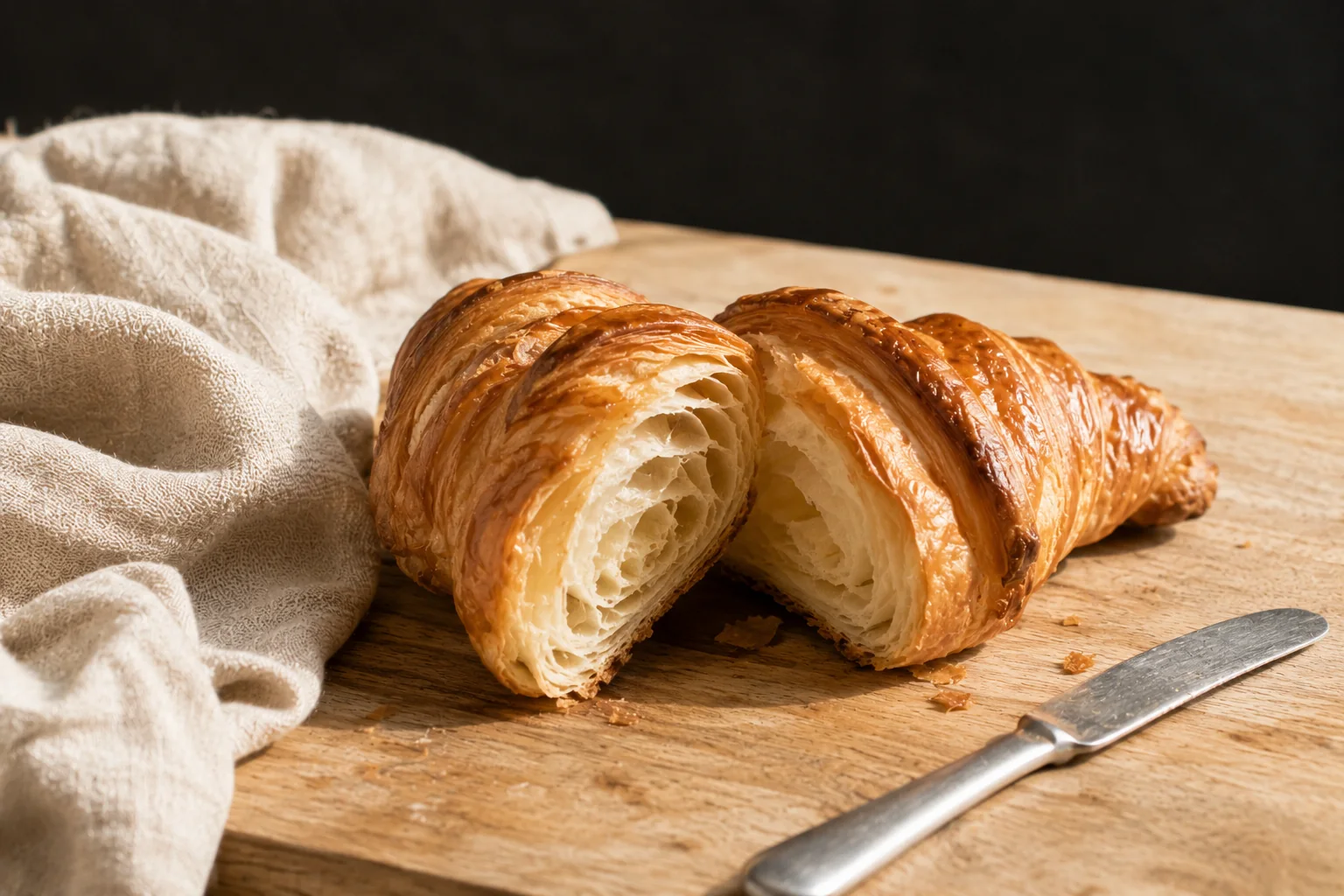 Un croissant doré aux couches feuilletées visibles, fraîchement cuit sur un plan de travail en bois.