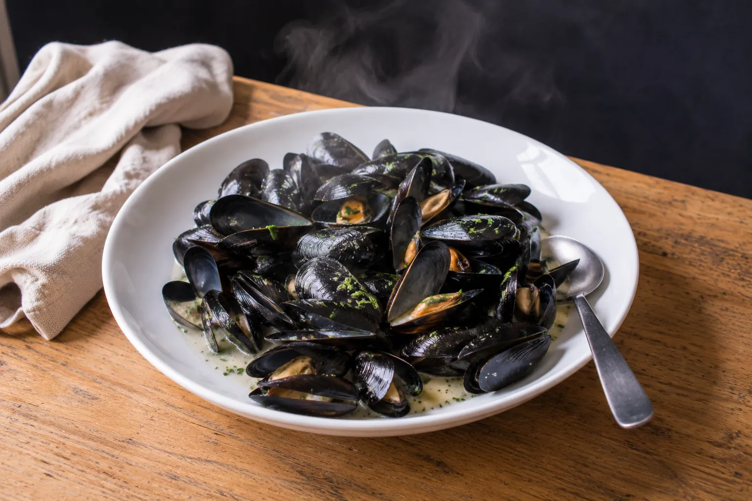 Un plat de moules marinières fumantes avec leur bouillon blanc et persil frais, posé sur un plan de travail en bois.