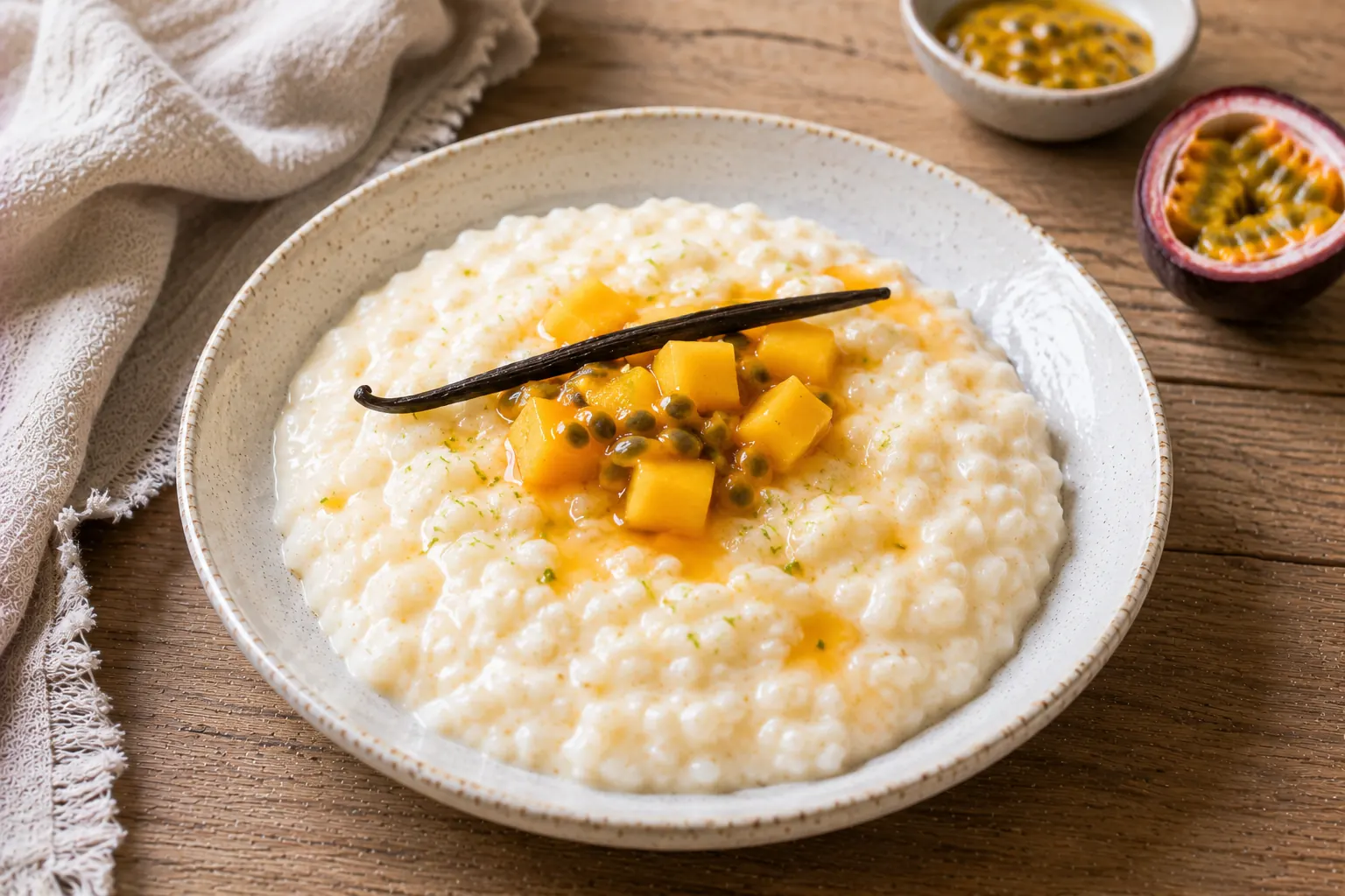 Un bol de riz au lait crémeux et nacré, servi à la cuillère, sur un plan de travail en bois clair sous la lumière naturelle.