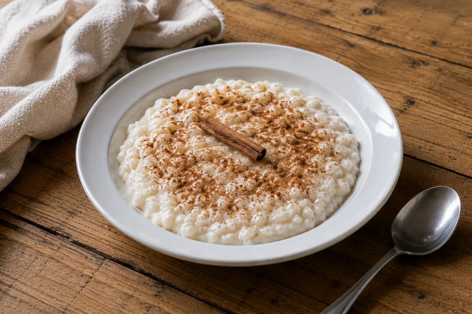 Une casserole de riz au lait onctueux et fumant, posée sur un plan de travail en bois, une cuillère en métal brossé à proximité.