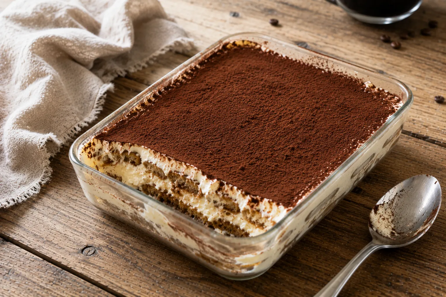 Un tiramisu aux couches distinctes de biscuit, crème mascarpone et cacao poudré dans un plat blanc, sur un plan de travail en bois.