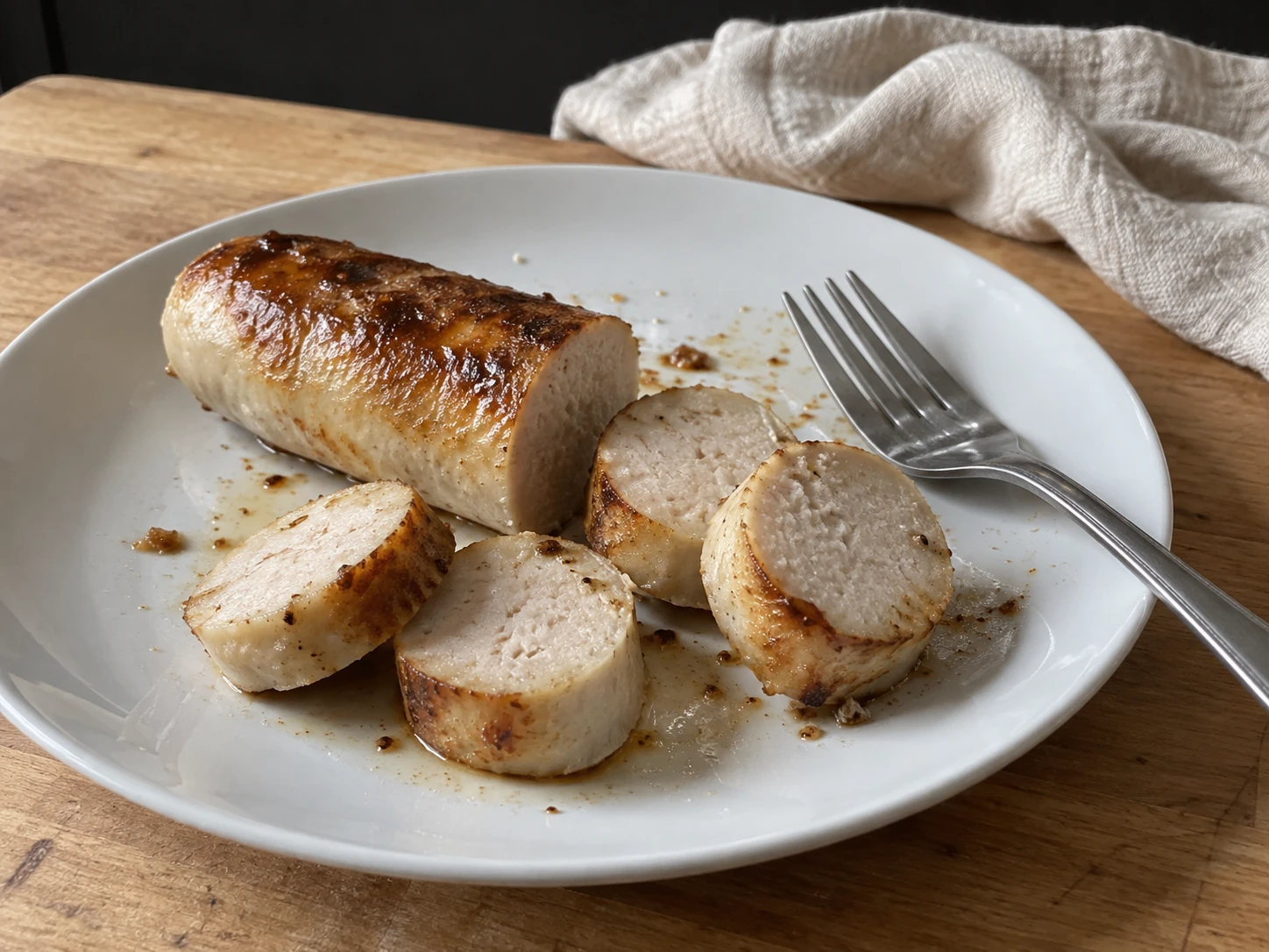Rondelles de boudin blanc poêlé dans une assiette blanche, avec une fourchette posée à côté sur un plan de travail en bois clair.