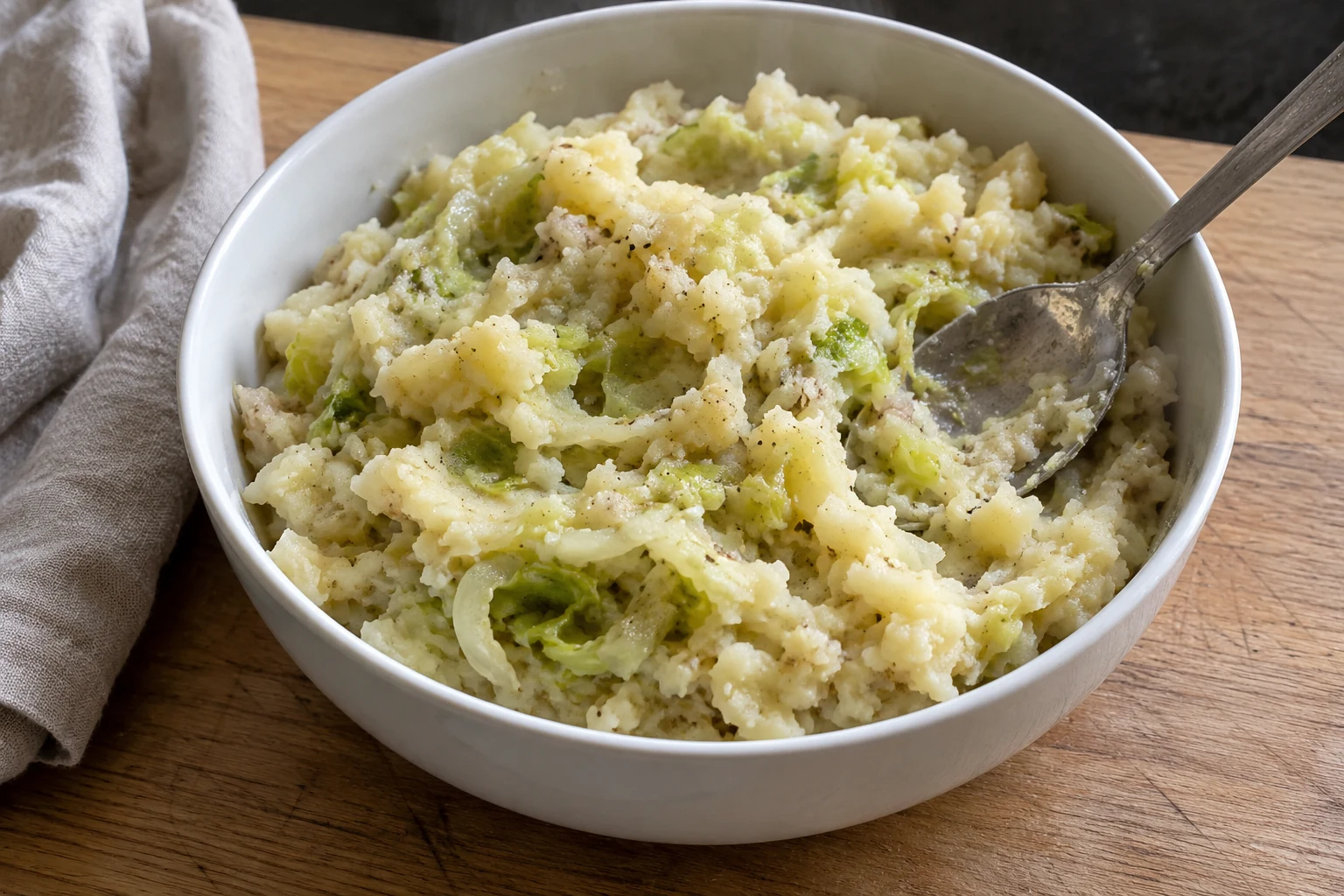 Un bol de colcannon fumant : purée épaisse de pommes de terre et chou blanc, avec une cuillère dedans, posé sur un plan de travail en bois.