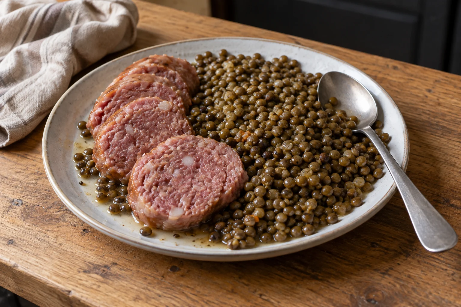 Assiette de cotechino tranché rose et gras accompagné de lentilles vertes sur un plan de travail en bois clair.