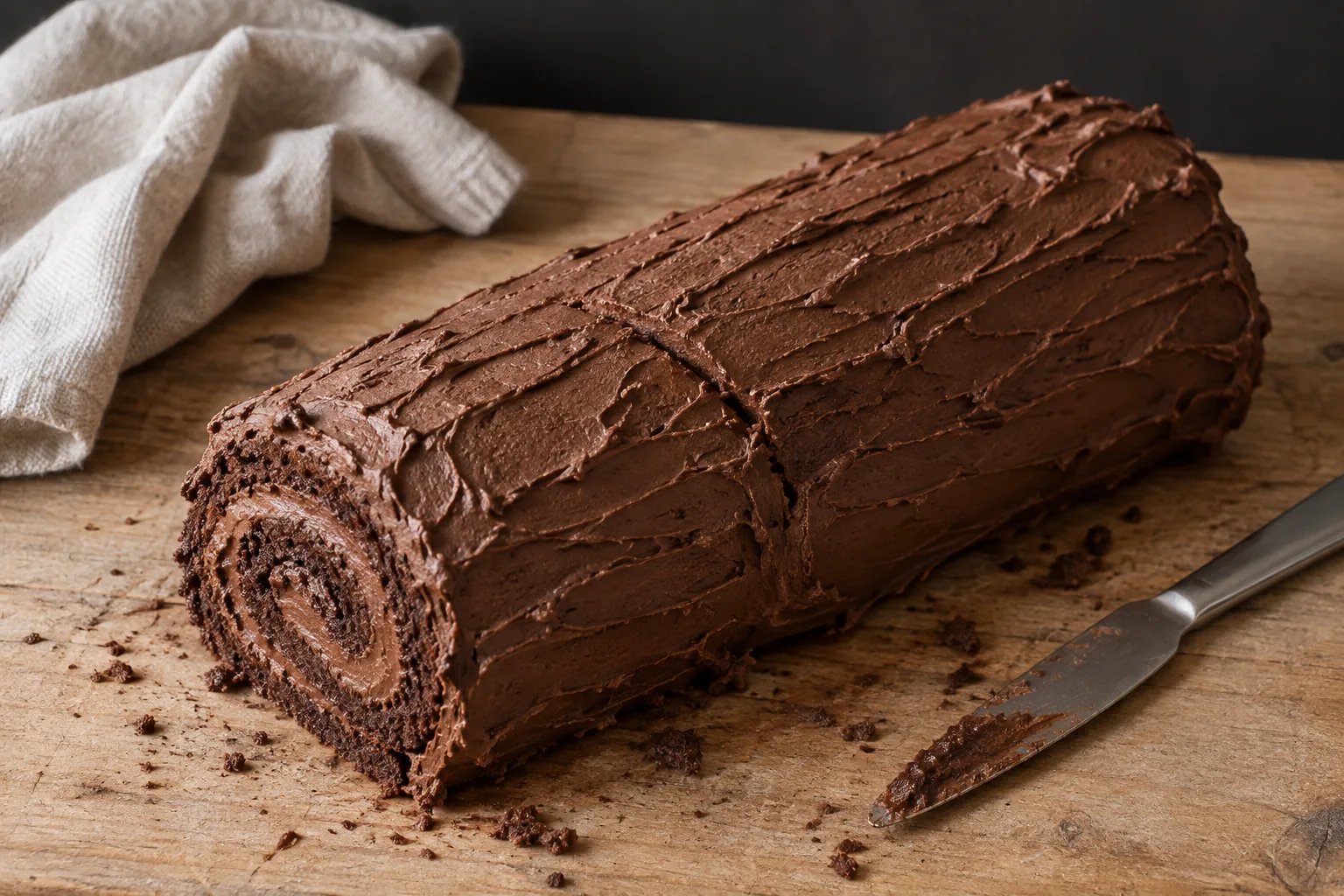 Une bûche de Noël au chocolat posée sur un plan de travail en bois, avec un couteau à dessert et un torchon écru.