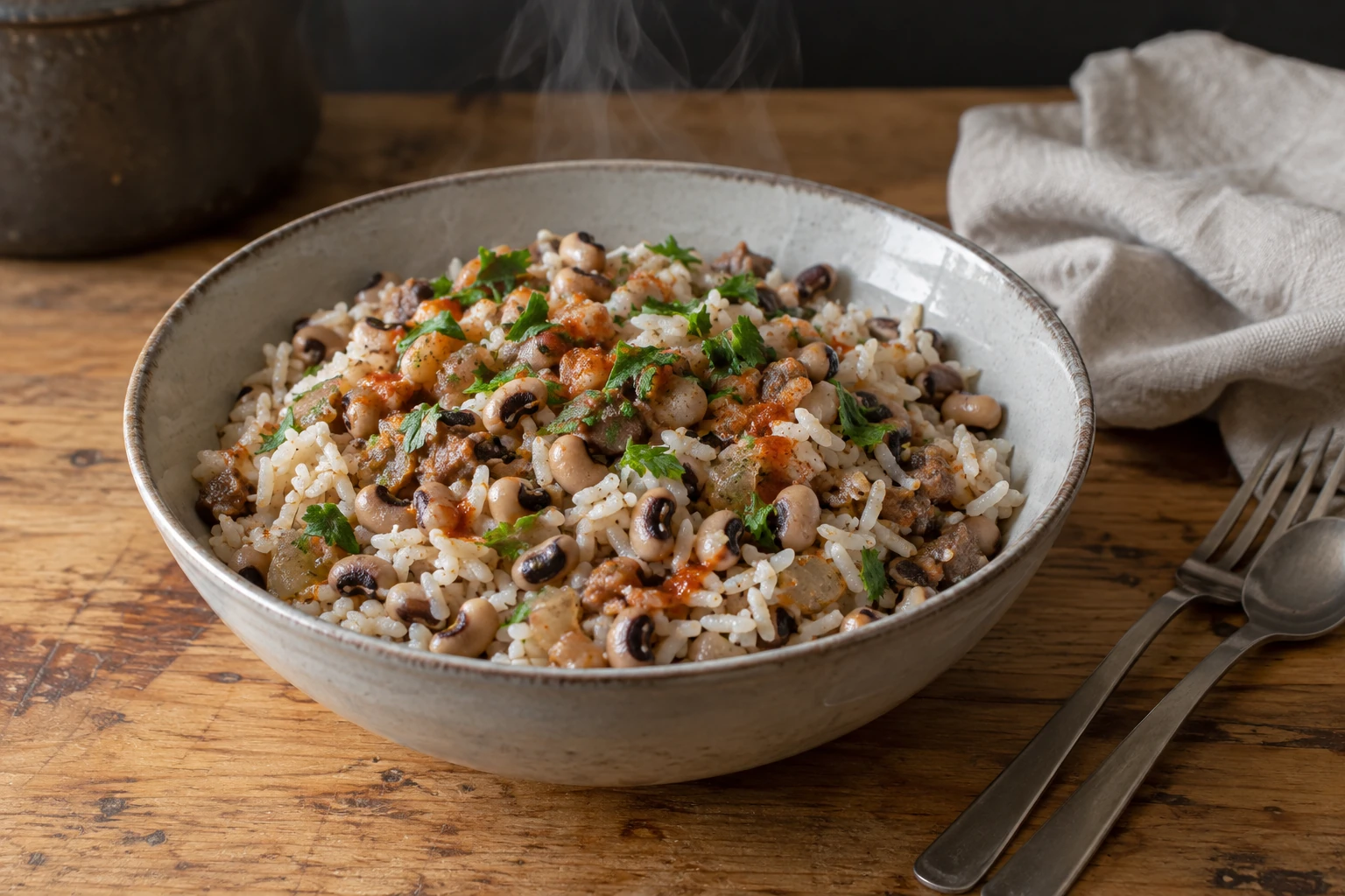 Un bol de riz et haricots à œil noir fumant, posé sur un plan de travail en bois, avec un torchon en lin à côté.