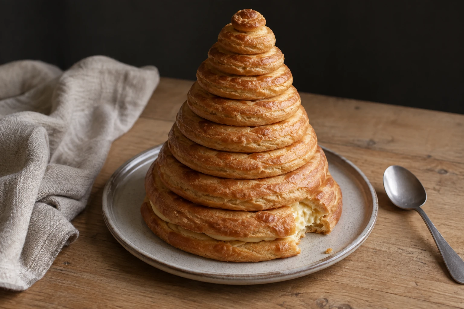 Une pyramide de petits anneaux de pâte à choux dorée empilés, partiellement mangée, avec un morceau cassé à la base et une cuillère posée à côté.