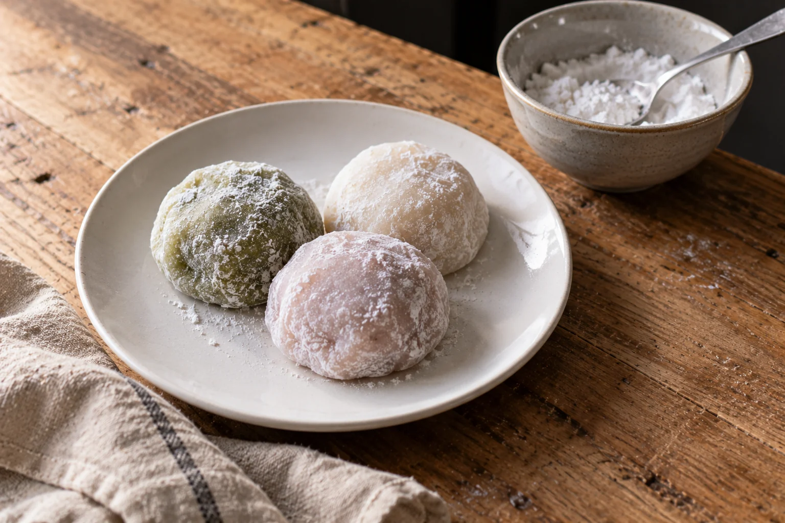 Trois daifuku à texture ridée et mate posés dans une assiette blanche sur un plan de travail en bois, avec un bol de sucre glace et une cuillère en métal.