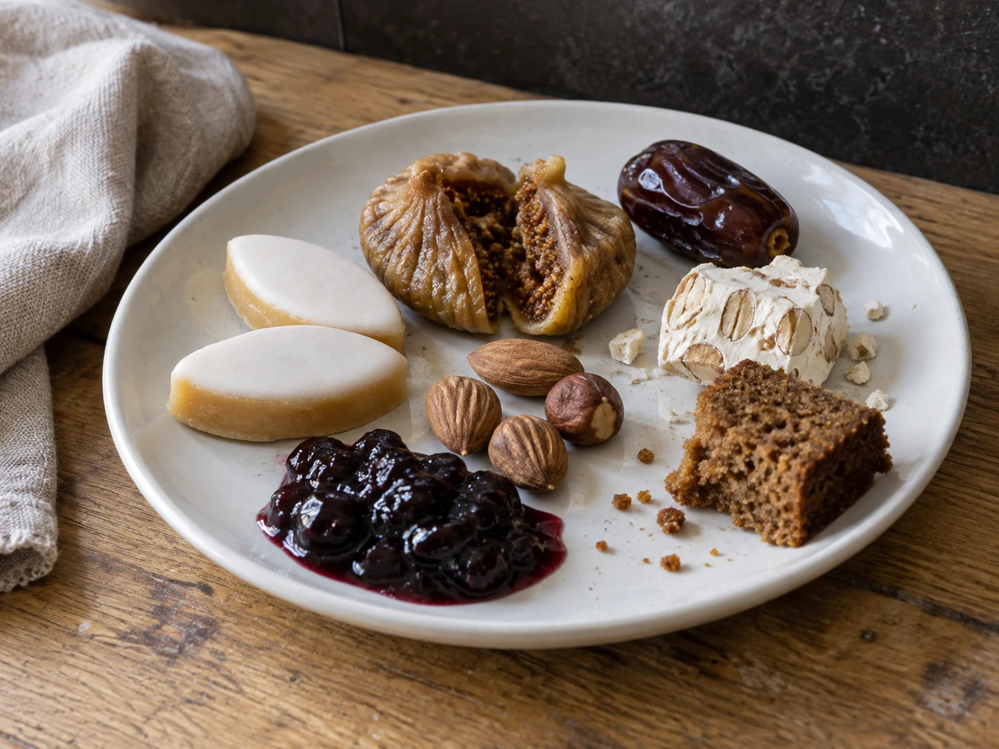 Assiette de petits desserts provençaux en céramique blanche sur bois clair : fruits secs, nougat, calissons et friandises traditionnelles.