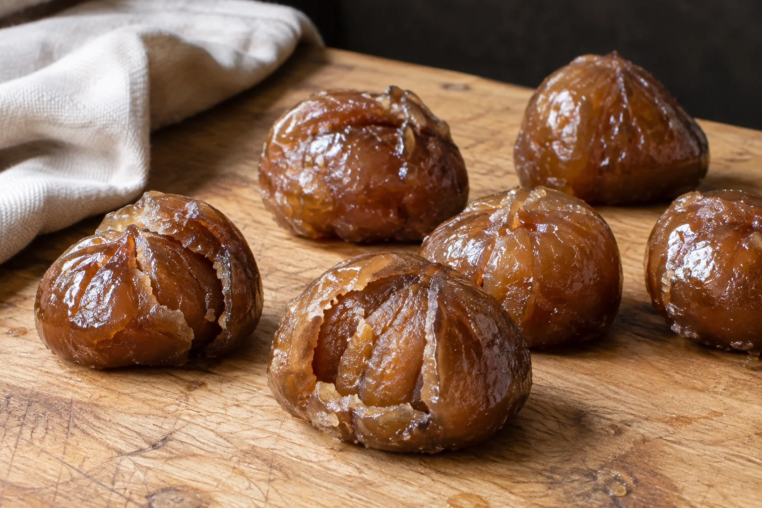 Marrons glacés sur un plan de travail en bois clair, certains avec des fissures de glaçage visible, exposant la fragilité du fruit après le confisage.
