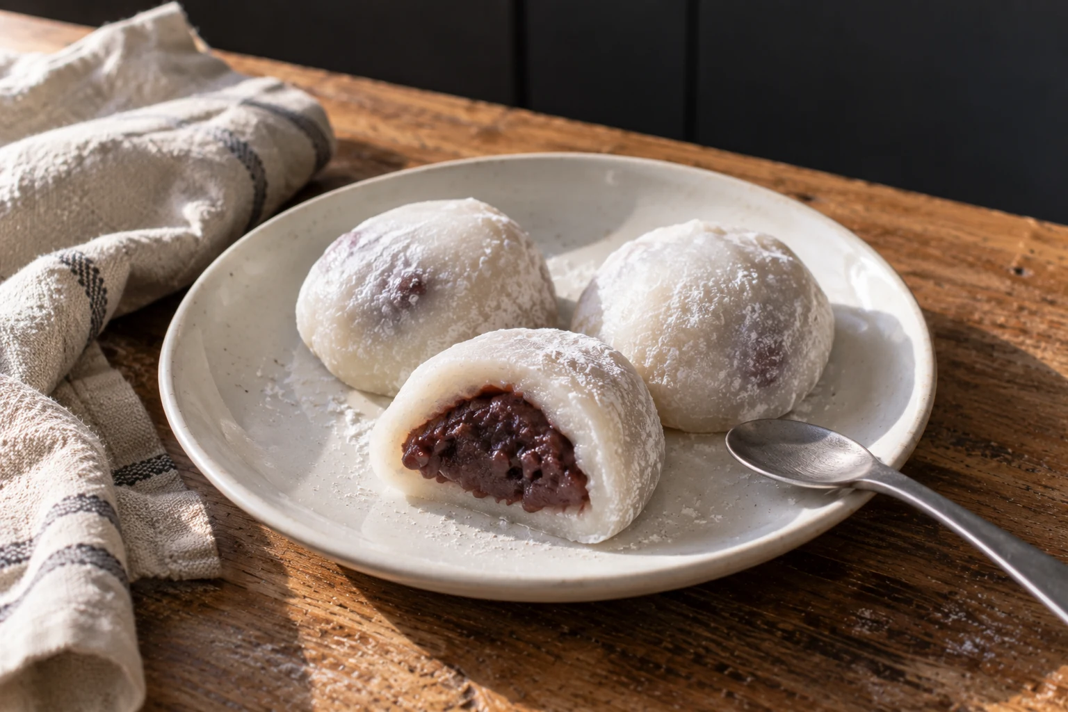 Trois mochi daifuku garnis de pâte de haricot rouge, légèrement imparfaits, posés dans une assiette blanche sur du bois de travail clair.