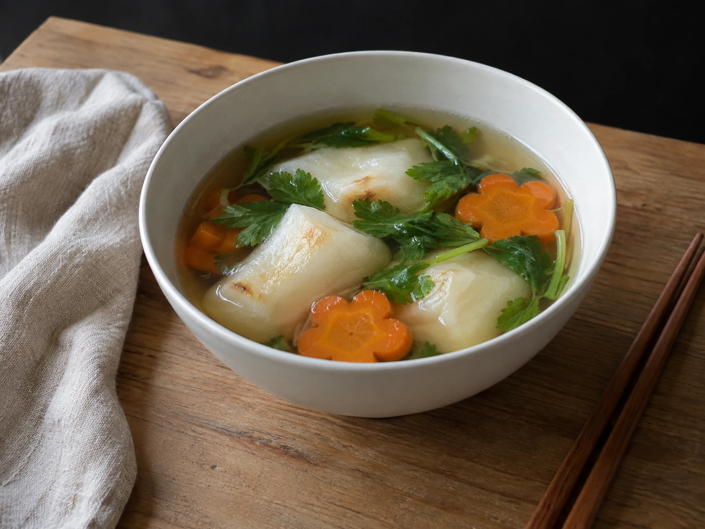 Un bol de soupe du Nouvel An japonais avec bouillon clair, mochi et légumes délicats posé sur un plan de travail en bois.