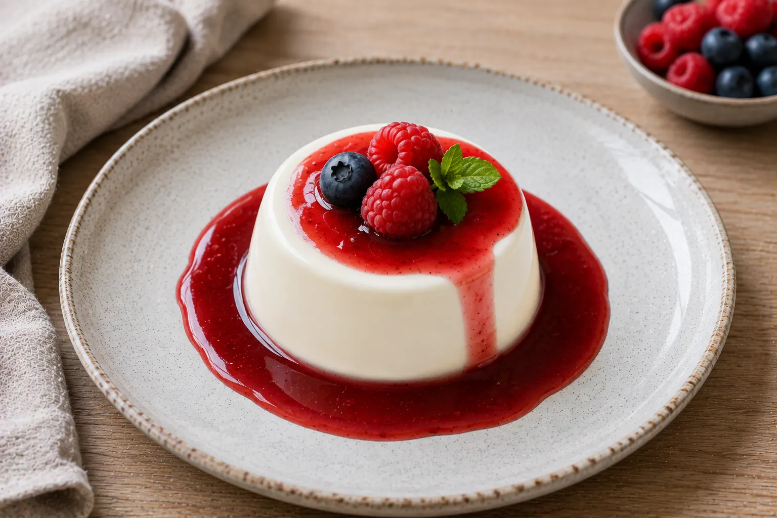 Une panna cotta lisse et brillante, fraîchement démoulée dans une assiette blanche, avec une cuillère en métal posée à côté.