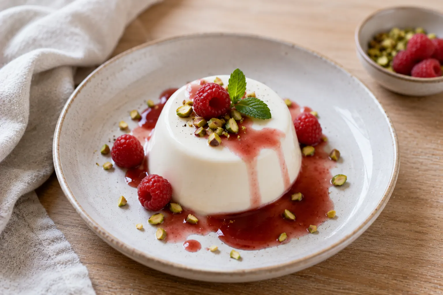 Une panna cotta crème pale légèrement tremblotante dans une assiette blanche, servie à côté d'une cuillère sur un plan de travail en bois clair.