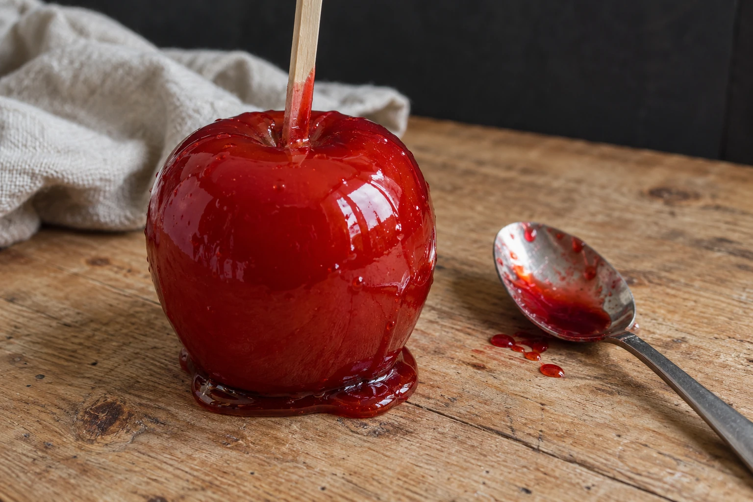 Une pomme brillante enrobée de caramel rouge homogène, posée sur un plan de travail en bois clair, accompagnée d'une cuillère en métal brossé.