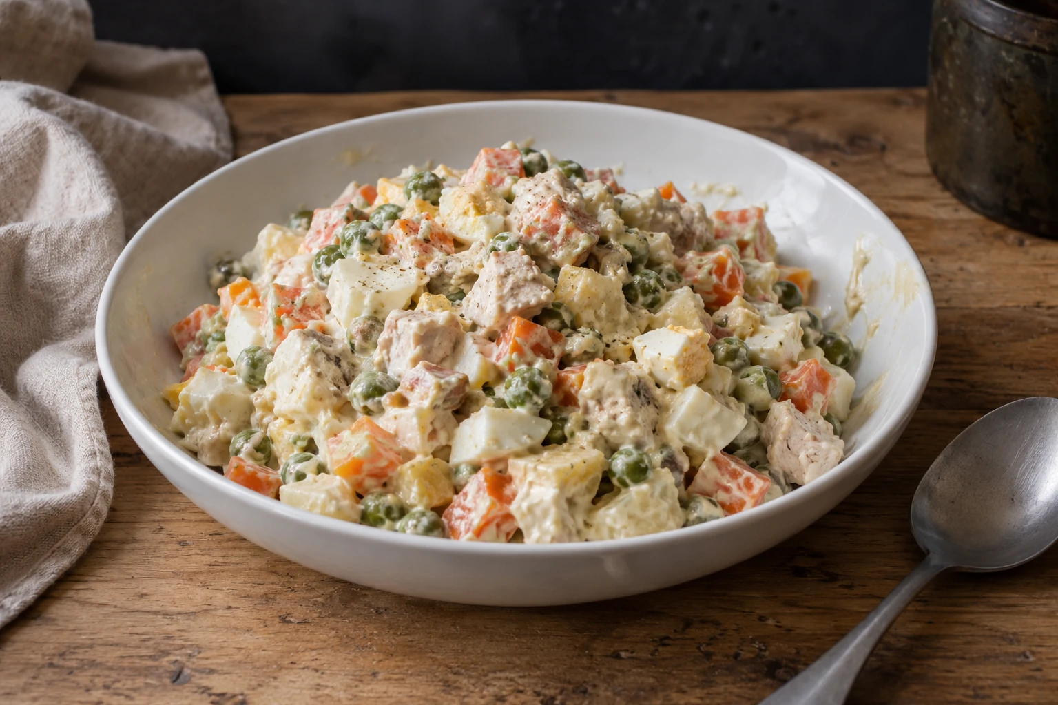 Une assiette de salade Olivier aux dés de pommes de terre, carottes et mayonnaise, posée sur un plan de travail en bois avec une cuillère à proximité.