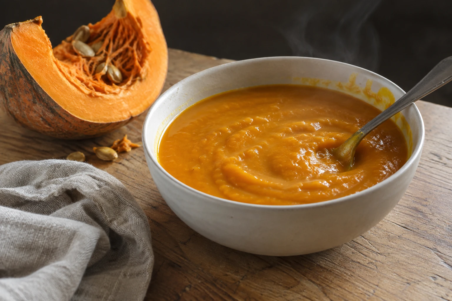 Bol de soupe orange fumante au potiron sur un plan de travail en bois, avec un morceau de potiron frais et une cuillère métallique à proximité.