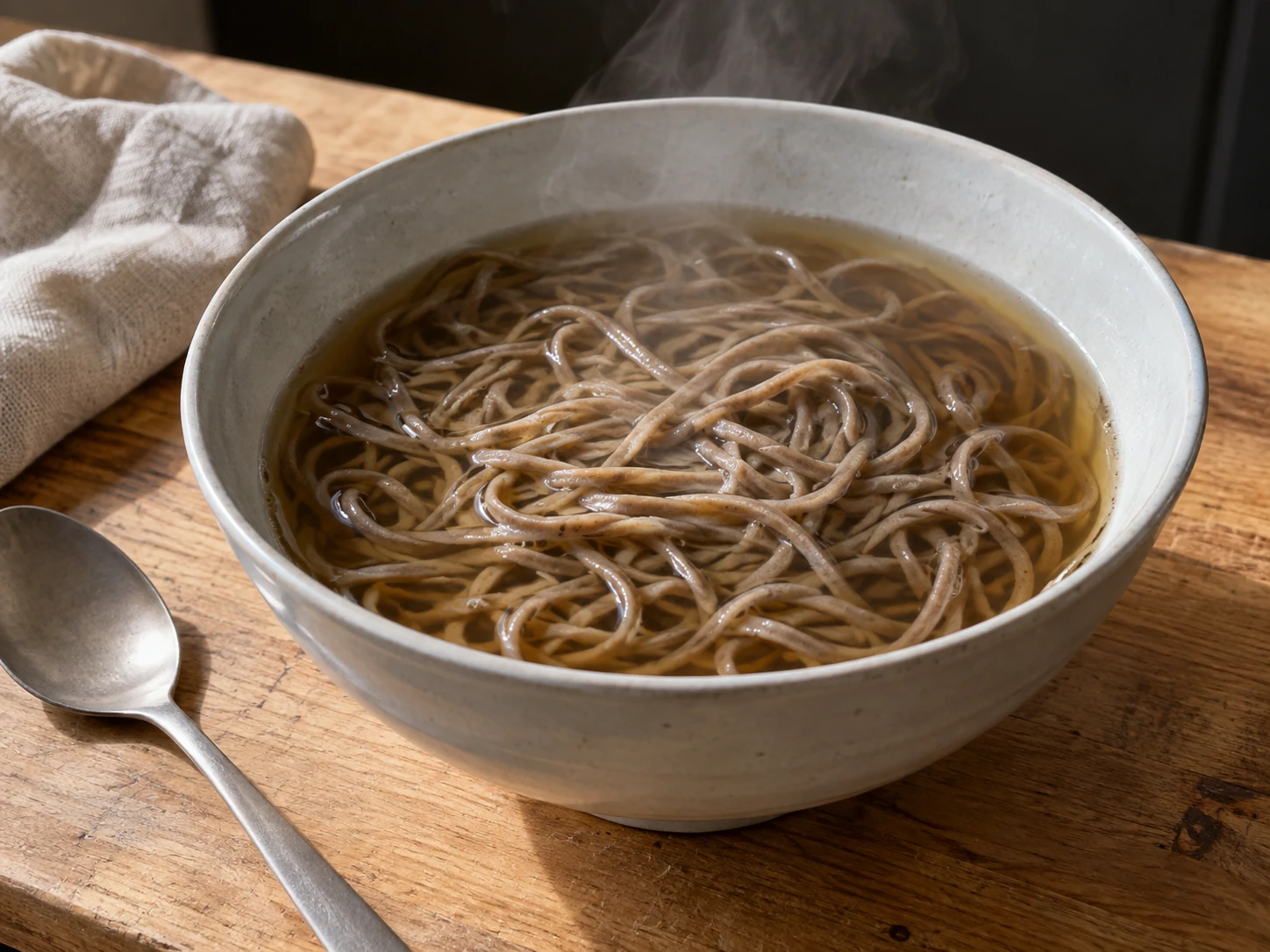 Un bol de nouilles de sarrasin fumantes dans un bouillon clair, posé sur un plan de travail en bois.