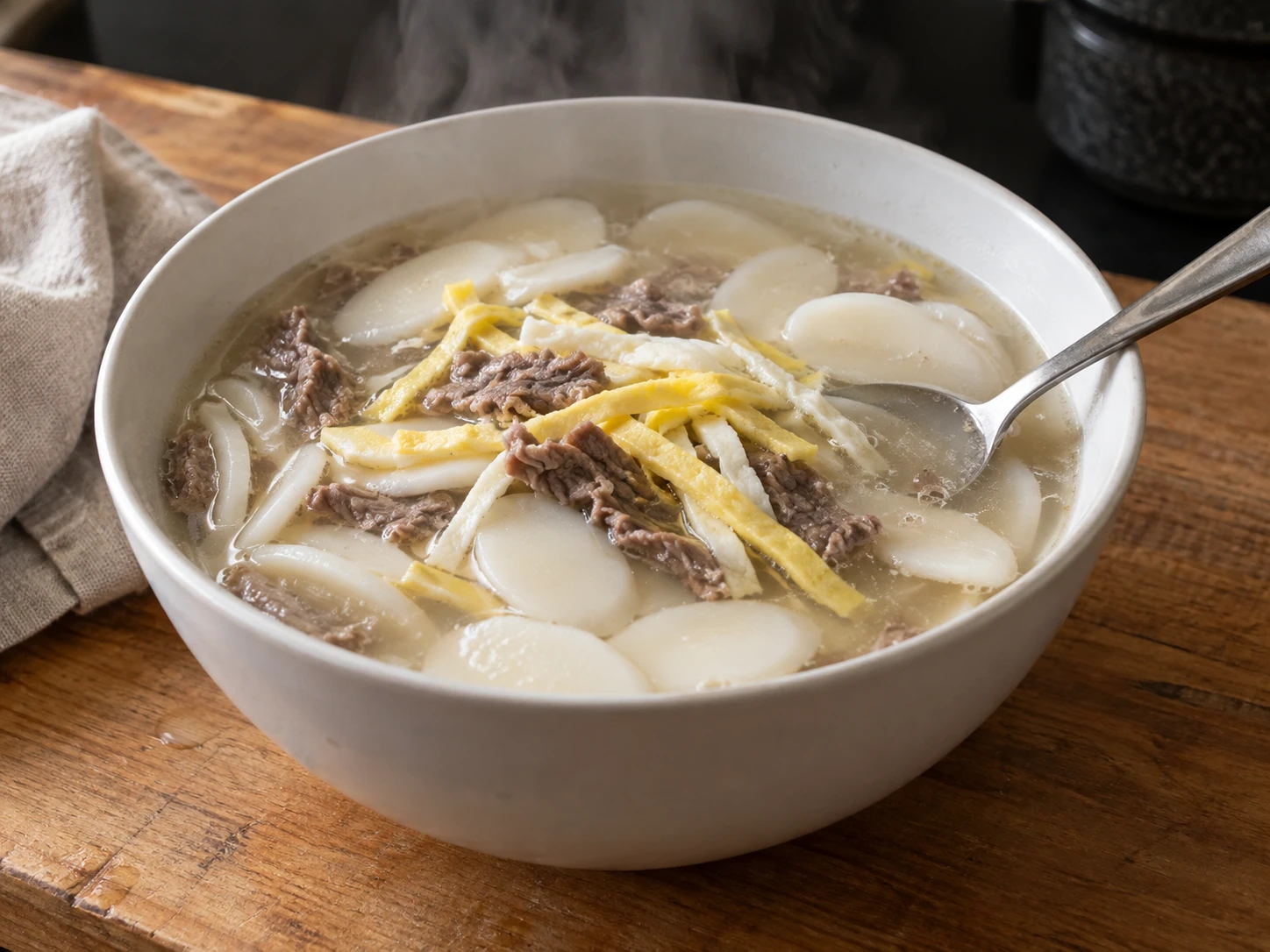 Un bol de soupe rempli de bouillon clair, de gâteaux de riz blancs et de garnitures, fumant sous la lumière naturelle d'une cuisine.